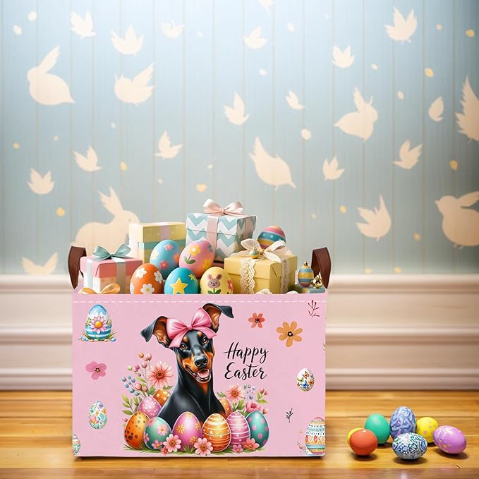 Kid Large Empty Easter Basket Gift Personalized Fabric Bunny Easter Basket for Boy and Girl Room Decor Storage Bin (Dog Easter Egg Pink)