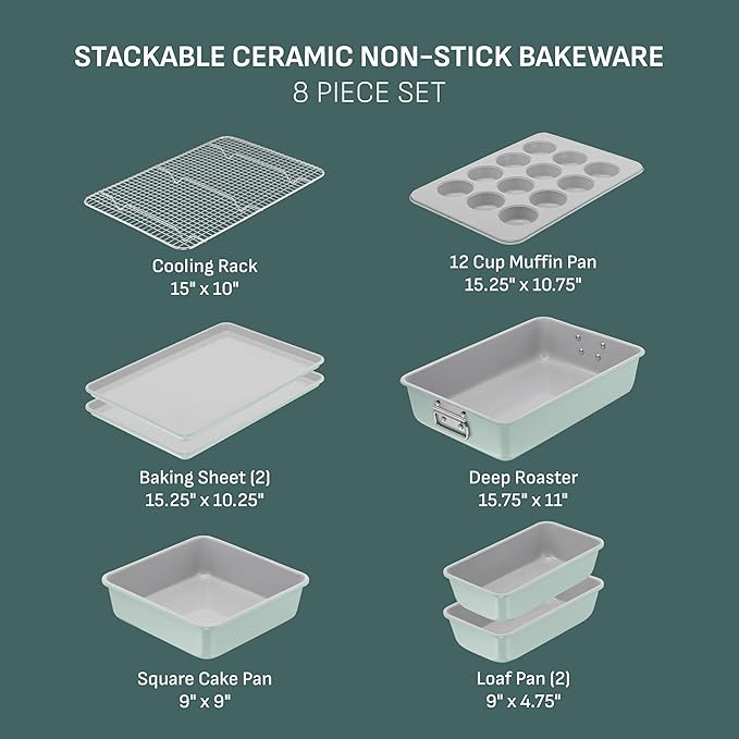 T-fal Refresh Ceramic Nonstick Baking Pans Set (8 Pc), Roaster, 12-Cup for Muffins, Loaf Trays, Baking Sheets Non Stick, Cooling Cooking Rack, Stackable Bakeware Set, Mint Green