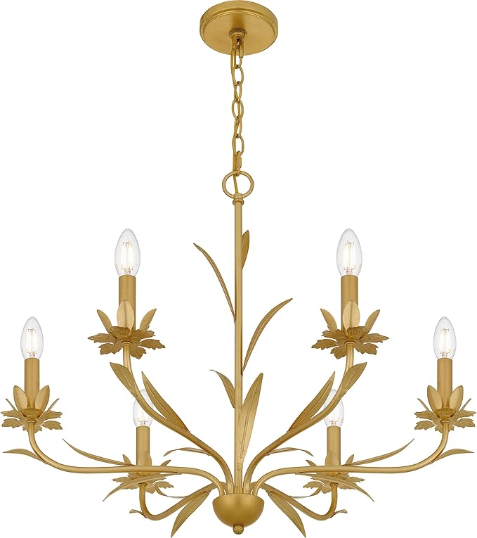 Quoizel Maria 6-Light Gold Leaf Chandelier with Nature-Inspired Leaf Details, Traditional Candle-Style Chandelier for Dining Room, Living Room, Kitchen, Bedroom, or Office