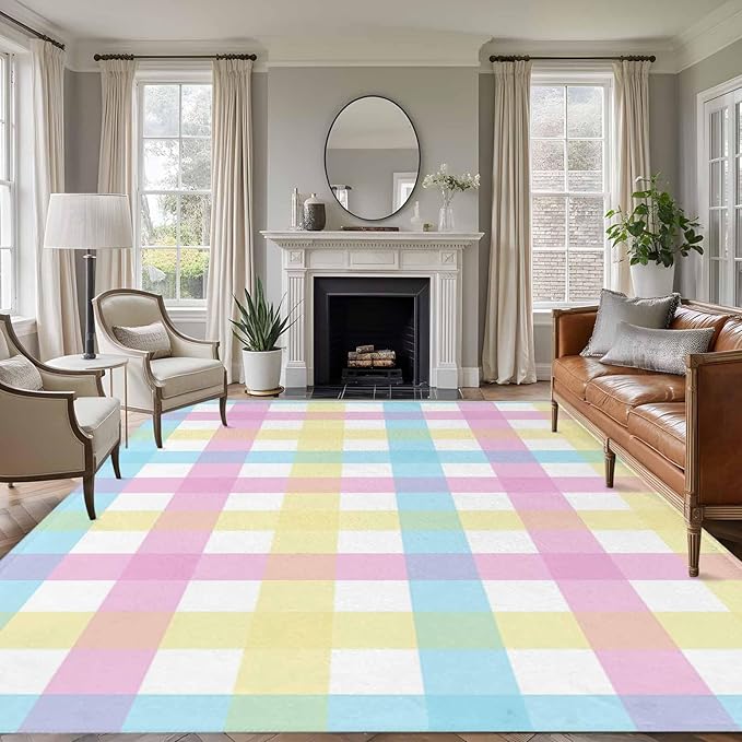 Area Rug 6x9ft, Spring Easter Colorful Lattice Washable Rugs for Living Room Bedroom, Minimalist Buffalo Checker Soft Non-Slip Area Rugs Rectangle Floor Carpet for Dining Room