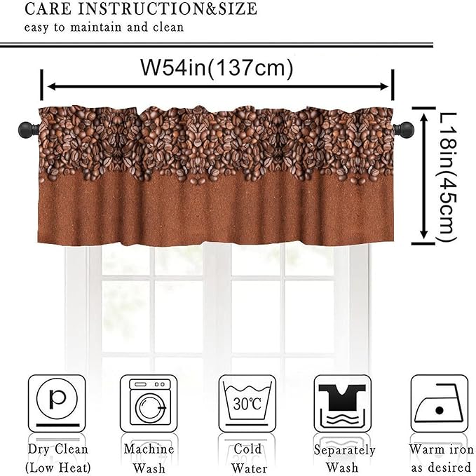 Coffee Kitchen Valance, Brown Coffee Beans Farmhouse Rustic Short Window Curtains for Cafe Kitchen Dining Room Resturant Bedroom Living Room, 54x18Inch