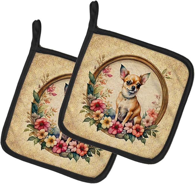 Caroline's Treasures Chihuahua and Flowers Pair of Pot Holders Kitchen Heat Resistant Pot Holders Sets Oven Hot Pads for Cooking Baking BBQ, 7 1/2 x 7 1/2