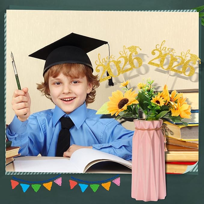 MixTeach 12 Pack Glitter Class of 2026 Graduation Centerpieces Sticks for Tables Double-Sided Congrats Grad Class of 2026 Cap Table Topper for Graduation Table Party Decoration Supplies (Gold)