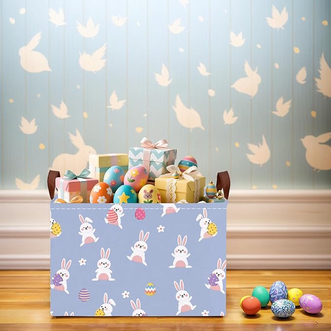Kid Large Empty Easter Basket Gift Personalized Fabric Bunny Easter Basket for Boy and Girl Room Decor Storage Bin (Cute Rabbit Holding Easter Egg)