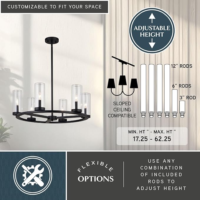 VAXCEL Grantley 6 Light Matte Black Wheel Chandelier Fixture Clear Glass Shade, LED Compatible, Damp Rated