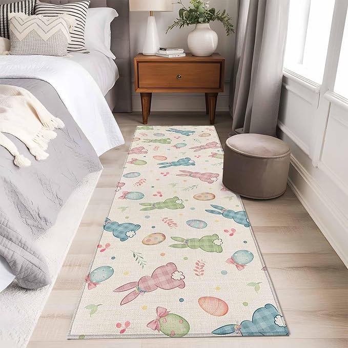 Runner Rug for Bedroom Hallway, Happy Easter Cute Plaid Bunny Kitchen Runner Rugs Area Rug 2x6ft, Colorful Egg Leaves Farm Linen Washable Soft Floor Carpet for Entryway Stair