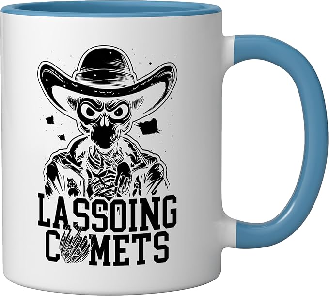Alien Lover Flying Saucer UFO Extraterrestrial Cowboy Ceramic Mug, Blue/White