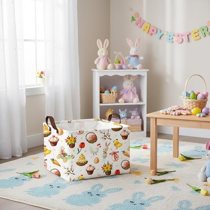 Large Rectangular Cute Kid Easter Basket Empty Bunny Eggs Easter Basket Gift Spring Room Storage Organizer Décor (E-14)