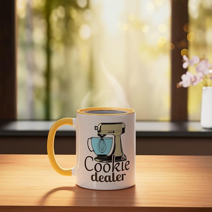 Cookie Dealer, Men Women Baking Cooking, Pastry Chef, Baker Ceramic Mug, Yellow/White