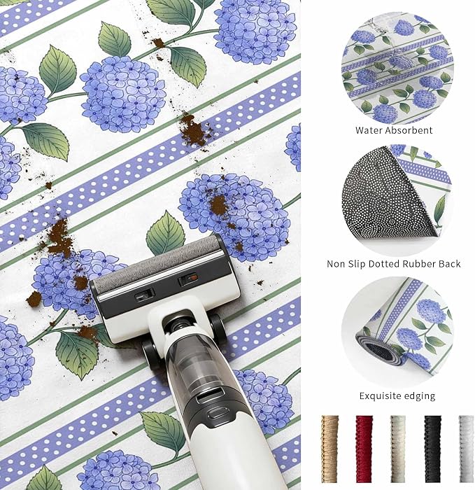 Area Rug 9x12ft, Garden Purple Hydrangea Flower Washable Rugs for Living Room Bedroom Rectangle Floor Carpet, Watercolor Floral Leaves Soft Non-Slip Area Rugs for Dining Room