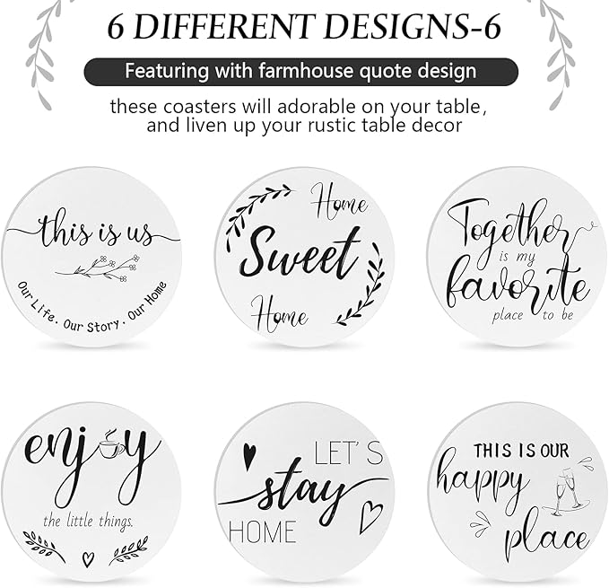 Queekay Coasters Set of 6 House Warming Gifts New Home Wooden Farmhouse Drink Coasters with Holder 4'' Funny Decoration for Kitchen Family Coffee Bar Tabletop Protection(White,Gray)