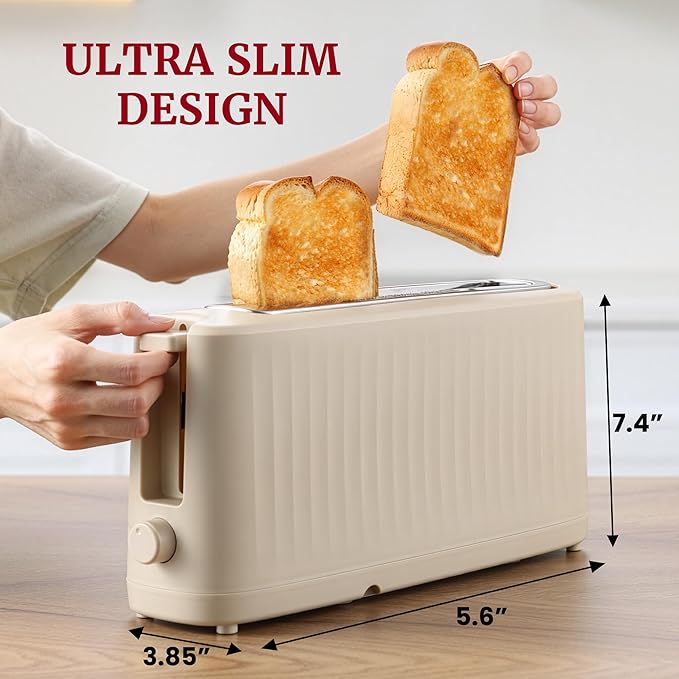 Elite Gourmet ECT2517C SLIMTOAST™ 2-Slice Long Slot Toaster, Cool-Touch Body, 6 Browning Shades, Extra-Wide 1.5" Slot for Artisan Bread, Bagels, Waffles & English Muffins, Cremello