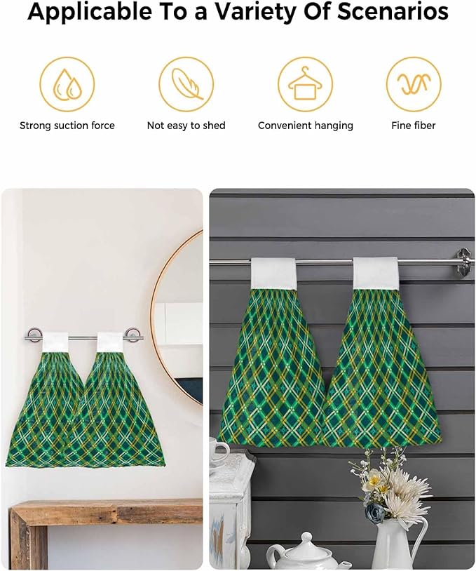 Alandar Home Kitchen Tie Towel Set of 2, Green Tartan Vintage Plaid Absorbent Soft Hand Towels for Bathroom Hanging Towels, Abstract Geometric Seamless Fast Drying Cleaning Cloth with Loop