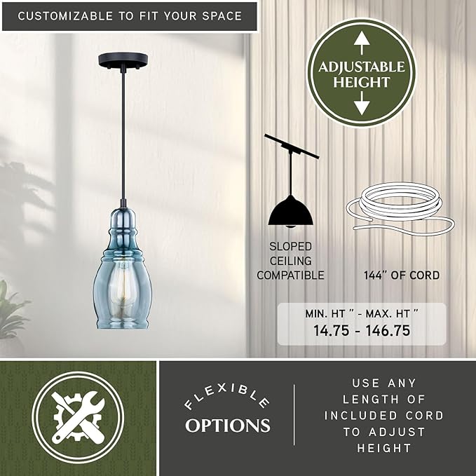 VAXCEL Millie Bronze Farmhouse Jar Mini Pendant Ceiling Light Smoke Blue Glass