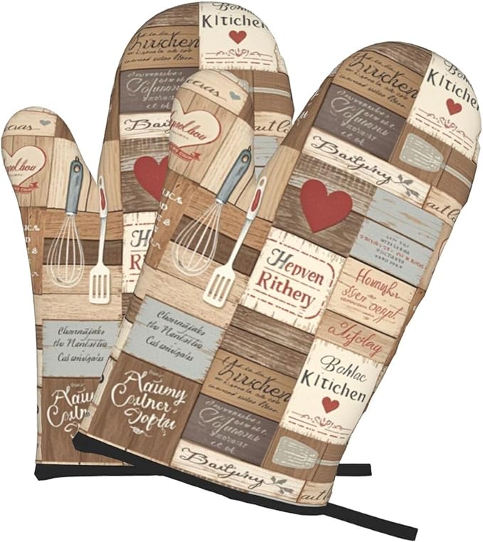 Farmhouse Splicing Wood Grain Oven Mitts of 2-Pack Set, Funny Kitchen Gloves Heat Resistant Non-Slip Kitchen Mitts for Cooking Baking Grillingf