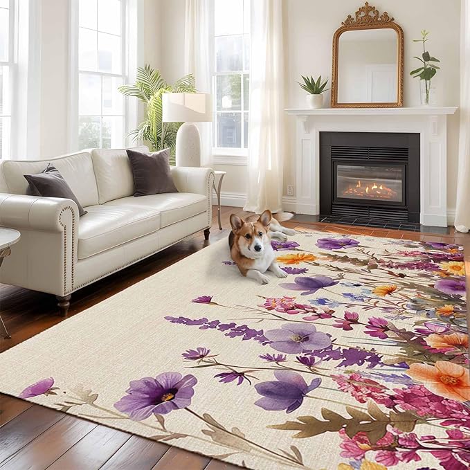 Area Rug 6x9ft, Country Flower Purple Lavender Plant Washable Rugs for Living Room Bedroom, Retro Linen Soft Non-Slip Area Rugs Rectangle Floor Carpet for Dining Room