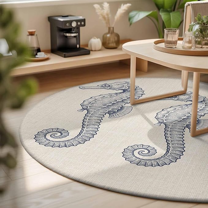 Washable Round Area Rug Marine Life Seahorse on Burlap Circle Rugs Floor Carpet for Living Room Bedroom, Farmhouse Ocean Theme Soft Non Slip Round Rug 3ft