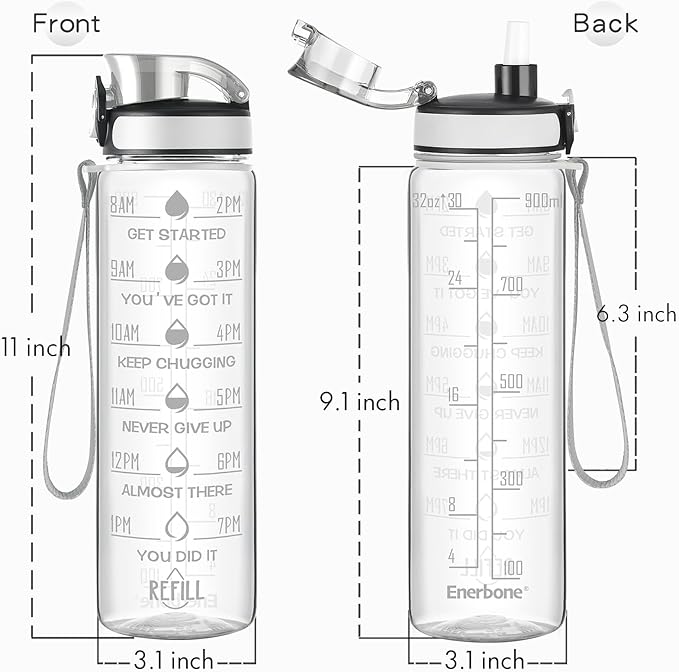 Enerbone Water Bottle, Leakproof BPA & Toxic Free, Motivational Water Bottle with Times to Drink and Straw, Fitness Sports Water Bottle with Strap for Office, Gym, Outdoor Sports