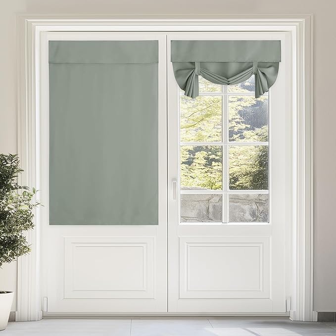 NICETOWN Tie Up Curtains for Kitchen Window, French Door Curtains 63 inches Long Privacy Short Blackout Christmas Window Covering for Patio Sliding Glass Door, W46 x L63 inch, 1 Panel, Greyish Green