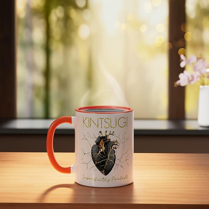 Kintsugi Pottery Golden Heart Japanese Art repair Pottery Ceramic Mug, Orange/White