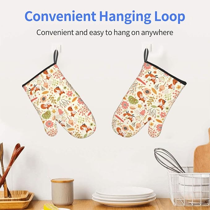 Cute Fox Pattern Oven Mitts of 2-Pack Set, Funny Kitchen Gloves Heat Resistant Non-Slip Kitchen Mitts Safe Cooking Baking Grilling