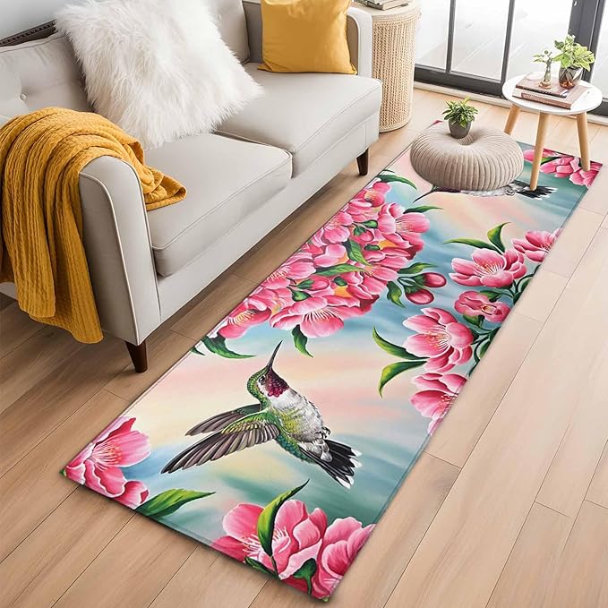 Runner Rug for Bedroom Hallway, Hummingbird Flower Peach Blossom Kitchen Runner Rugs Area Rug 2x6ft, Nature Oil Painting Art Washable Soft Floor Carpet for Entryway Stair