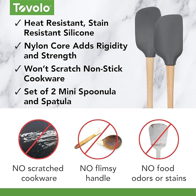 Tovolo Large Spoon Spatula Wooden Handle Set for Cooking & Baking, Heat Resistant Safe for Cast Iron BPA Free Silicone Mixing Tool Natural Wood Perfect for Scraper Mixing Spooning, Charcoal Gray