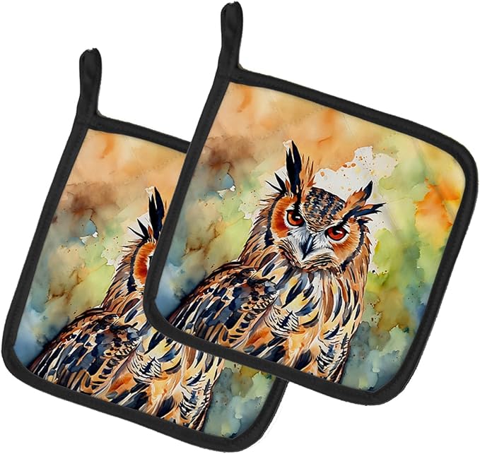 Caroline's Treasures Eurasian Eagle Owl Pair of Pot Holders Kitchen Heat Resistant Pot Holders Sets Oven Hot Pads for Cooking Baking BBQ, 7 1/2 x 7 1/2