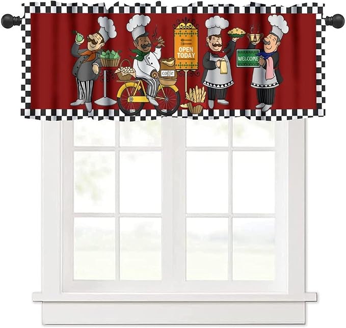 Funny Chef Kitchen Valance, Vintage Checkered Cartoon Bakers Coffee Short Window Drapes for Kitchen Dining Room Resturant Bedroom, 54x18Inch
