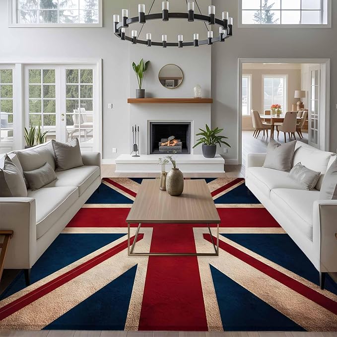 Area Rug 6x9ft, Vintage Union Jack Flag Washable Rugs for Living Room Bedroom, Reerto Flags of The United Kingdom Soft Non-Slip Area Rugs Rectangle Floor Carpet for Dining Room