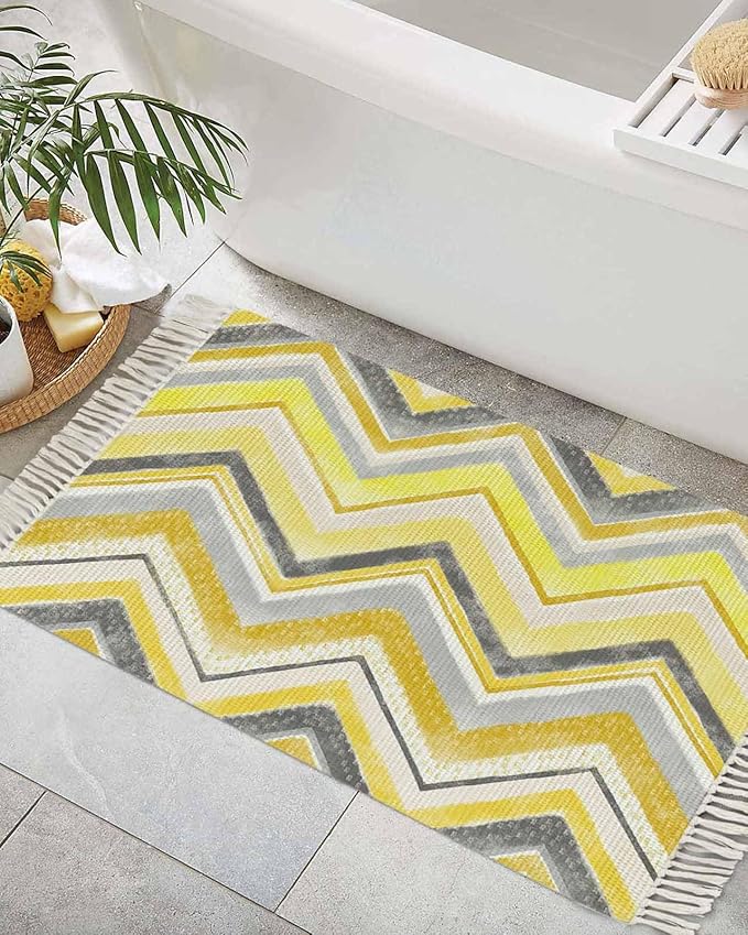 Kitchen Runner Rugs, Yellow Gray Gradient Zigzag Stripe 2'x3' Throw Rug with Tassels, Nordic Style Abstract Art Washable Soft Floor Carpet Runner for Hallway Bedroom Bathroom Laundry Room