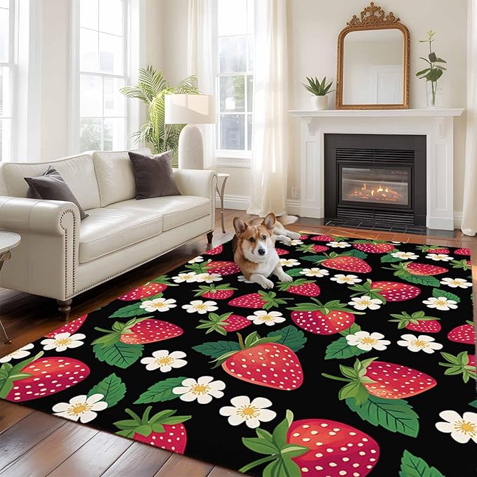 Area Rug 6x9ft, Red Strawberry Litter Flower Leaves on Black Washable Rugs for Living Room Bedroom, Summer Fruit Soft Non-Slip Area Rugs Rectangle Floor Carpet for Dining Room