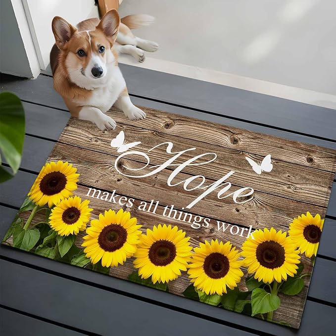 Area Rug 2x3ft, Farm Sunflower Positive Energy Quote Washable Rugs for Living Room Bedroom, Retro Dark Brown Wood Grain Soft Non-Slip Area Rugs Rectangle Floor Carpet for Dining Room
