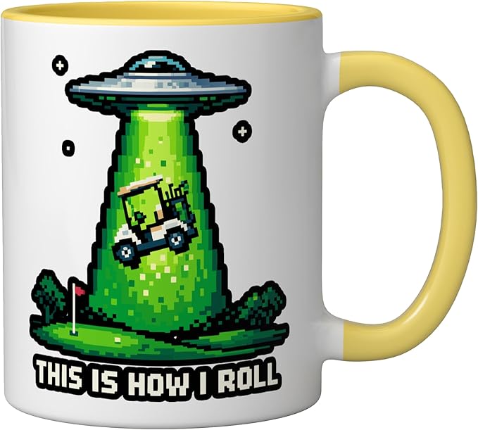 This Is How I Roll Golf UFO Abduction Funny Pixel Art Ceramic Mug, Yellow/White