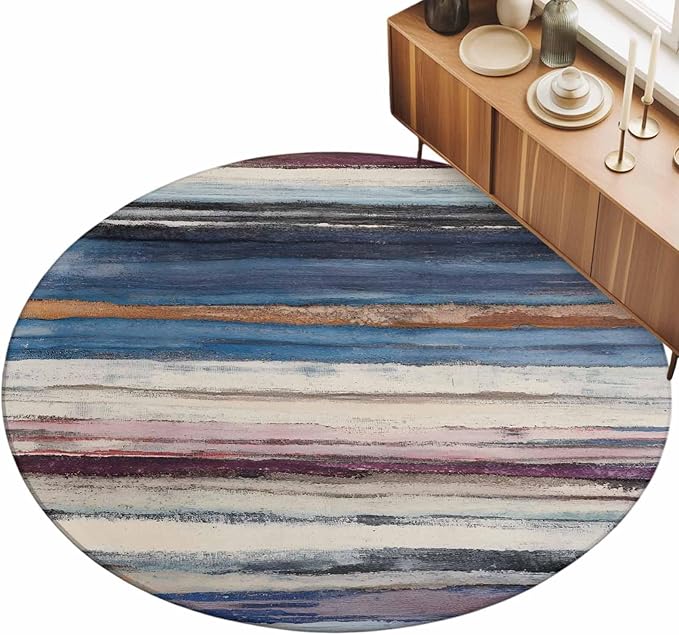 Washable Round Area Rug Modern Gradient Striped Art Circle Rugs Floor Carpet for Living Room Bedroom, Retro Abstract Rustic Texture Soft Non Slip Round Rug 3ft