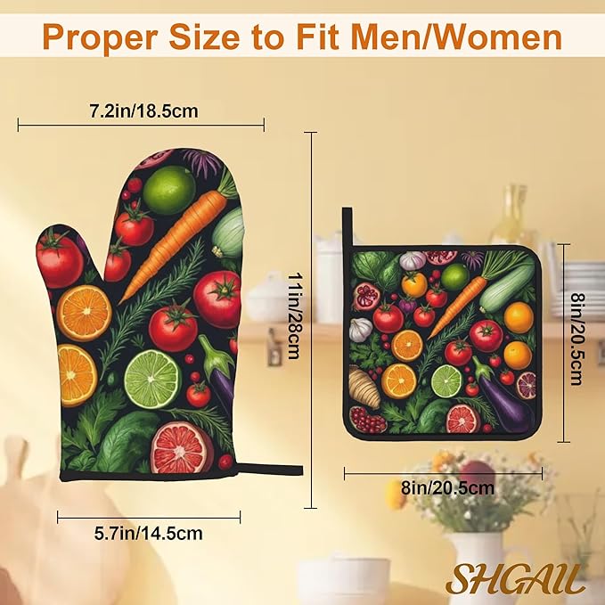 Oven Mitts and Hot Pads Set - Vegetables Design, Heat Resistant Cute Pot Holders for Kitchen, Baking Gifts for Women