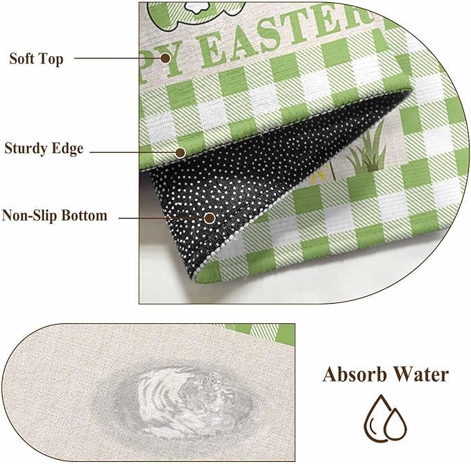 Area Rug 4x6ft, Happy Easter Bunny Shadow Flowers Washable Rugs for Living Room Bedroom, Retro Linen Cotton and Grid Soft Non-Slip Area Rugs Rectangle Floor Carpet for Dining Room