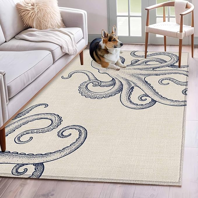 Area Rug 4x6ft, Marine Octopus Sea Monster Washable Rugs for Living Room Bedroom, Farmhouse Ocean Life on Linen Soft Non-Slip Area Rugs Rectangle Floor Carpet for Dining Room