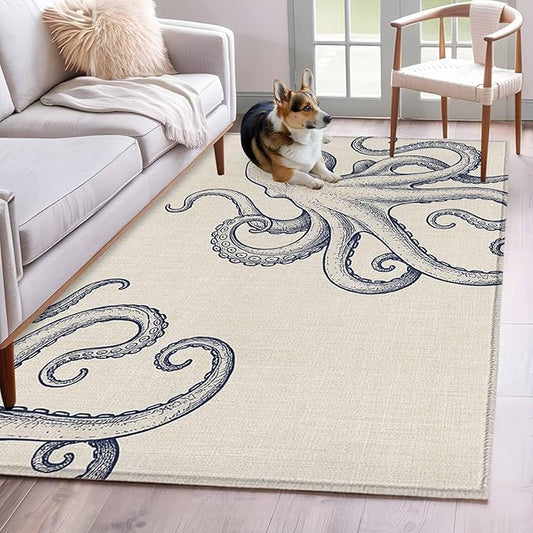 Area Rug 4x6ft, Marine Octopus Sea Monster Washable Rugs for Living Room Bedroom, Farmhouse Ocean Life on Linen Soft Non-Slip Area Rugs Rectangle Floor Carpet for Dining Room