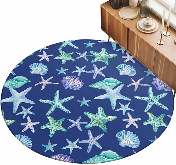Washable Round Area Rug Summer Starfish Shell Conch Circle Rugs Floor Carpet for Living Room Bedroom, Marine Creature on Blue Soft Non Slip Round Rug 5ft