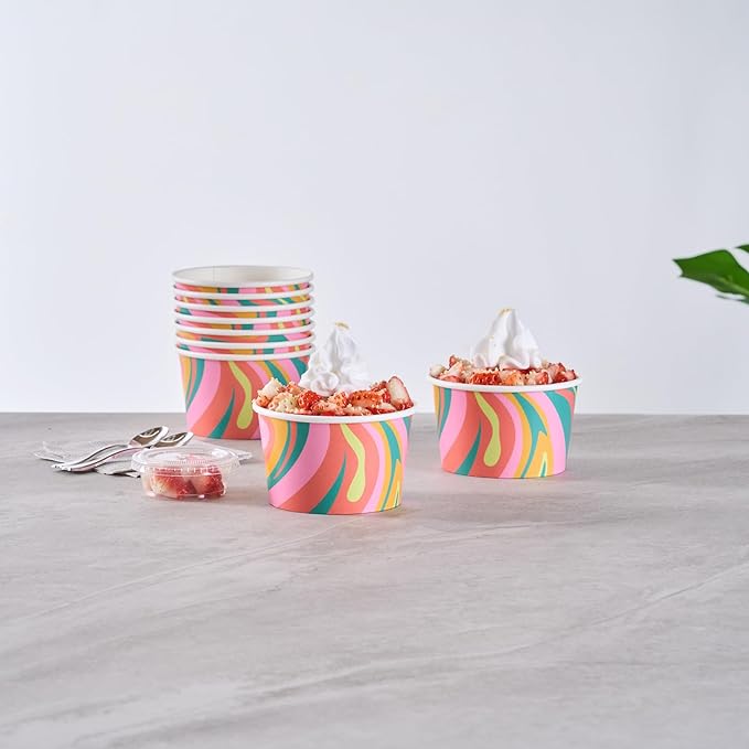 Coppetta 8 Ounce Dessert Cups, 50 Greaseproof Ice Cream Cups - Lids Sold Separately, For Hot And Cold Foods, Psychedelic Sunrise Paper Yogurt Bowls, Disposable, Sturdy - Restaurantware