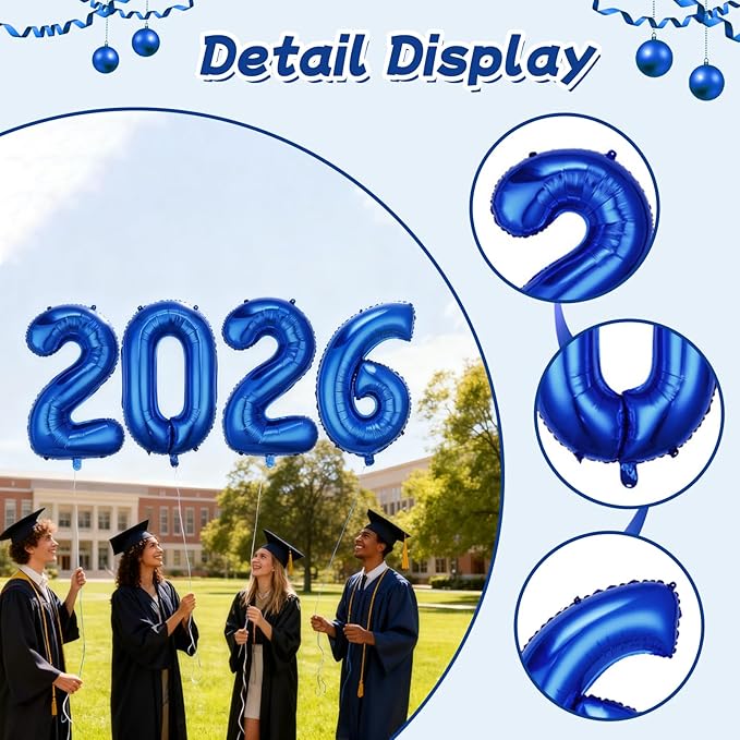Royal Blue 2026 Balloons, Jumbo 40 Inch Foil 2026 Number Balloons, Grad Balloons for Class of 2026 Graduation Party, Royal Blue Matellic Foil New Year Birthday Home Office Party Supplies
