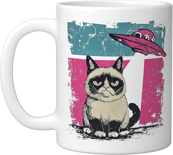 Retro UFO Ragdoll Cat Alien Sci Fi Space Funny Ceramic Mug, White