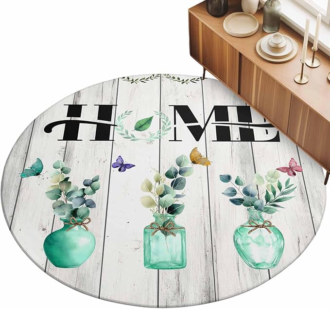 Washable Round Area Rug Summer Eucalyptus Leaf Colorful Butterfly Circle Rugs Floor Carpet for Living Room Bedroom, Home Text Wood Plank Soft Non Slip Round Rug 3ft