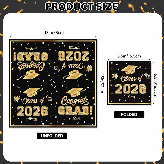 50 Pcs Graduation Napkins Decorations - Black Gold Class of 2026 Congrats GRAD 3-Ply Paper Cocktail Dinner Napkins Set for 2026 Graduation Party Supplies Table Decor Favors, 6.5 x 6.5 Inch
