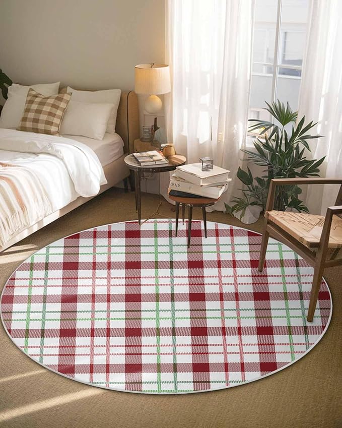 Round Area Rug,Merry Christmas Red Buffalo Plaid Circle Living Room Rug Non-Slip Rugs Indoor Carpet,Green Gradient Stripe Art Soft Comfort Rugs for Bedroom KidsRoom Nursery