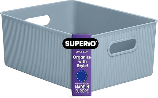 Superio Ribbed Collection - Decorative Plastic Basket Open Home Storage Bins Organizer, Large Blue (1 Pack) Container Boxes for Organizing Closet Storage Bins for Shelves 15 Liter/16 Quart