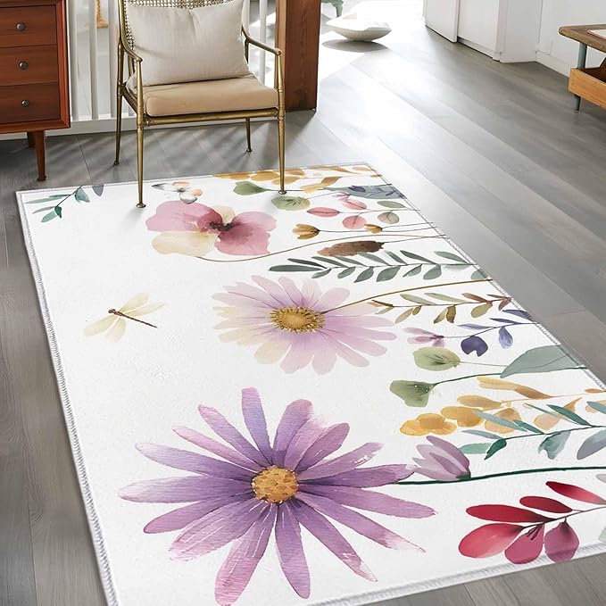 Area Rug 4x6ft, Country Field Purple Flowers Washable Rugs for Living Room Bedroom, Farm Floral Art Soft Non-Slip Area Rugs Rectangle Floor Carpet for Dining Room