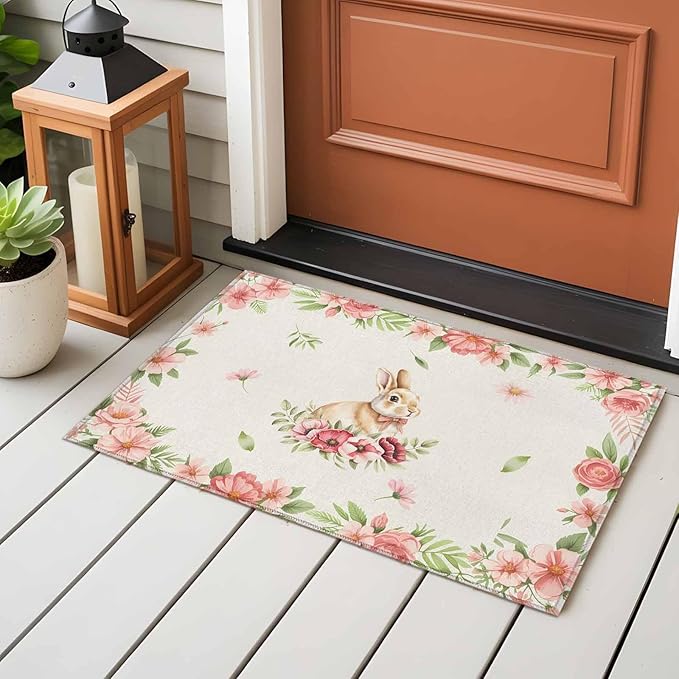Area Rug 2x3ft, Retro Easter Rabbit on Linen Washable Rugs for Living Room Bedroom, Spring Pastoral Pink Flower Leaf Soft Non-Slip Area Rugs Rectangle Floor Carpet for Dining Room