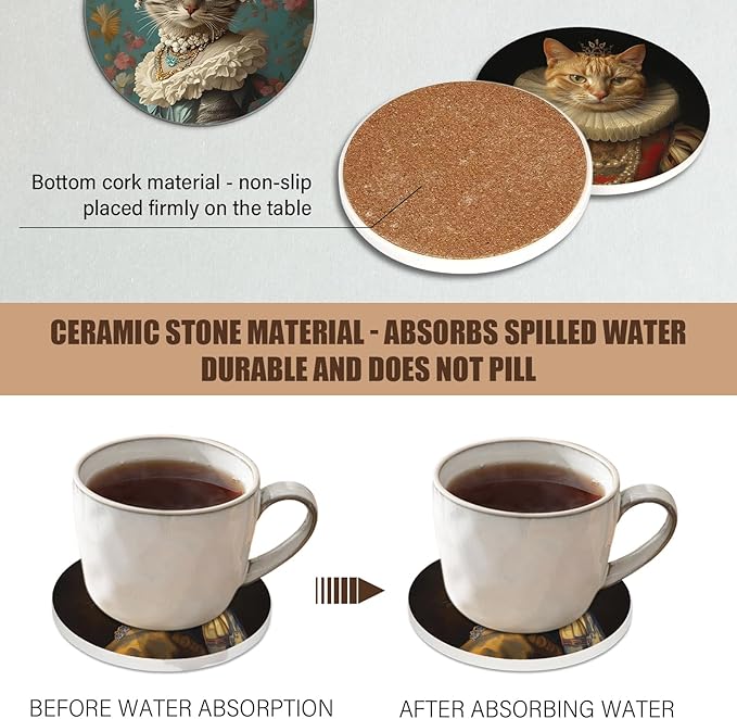 Drink Coasters Set of 6, Cat Coasters, Funny Ceramic Stone Coaster, with Cork Base and Metal Holder, Absorbent Round Non-Slip Drink Coffee Bar Mug Cup Coaster Cat Decor Gifts